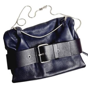 All Saints Cow Leather Navy Blue Crossbody Bag Silver Chain Buckle Purse